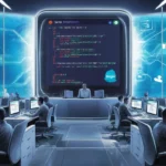 Modern call center with digital screen showing Java code and Spring logo, surrounded by network diagrams.
