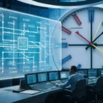 Digital network diagram with call distribution paths and a clock showing multiple time zones.