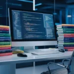 Computer monitor with code and data queries, colorful programming books on a desk, modern office chair nearby.