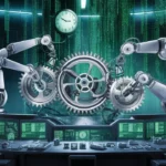 Robotic arms repairing mechanical gears against a backdrop of green digital code in a futuristic control room.