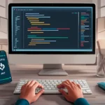 Monitor displaying code editor with Spring Boot 3.4.2, keyboard, mouse, and smartphone showing OAuth2 and JWT icons.