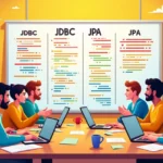 A vibrant tech workspace with developers discussing JDBC and JPA, laptops, sketches, and coffee.