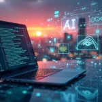 Cityscape at dusk with a laptop showing AI code, surrounded by glowing digital patterns and geometric shapes.