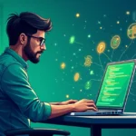 Java developer coding zero-shot AI tasks on a laptop with code and AI icons on screen