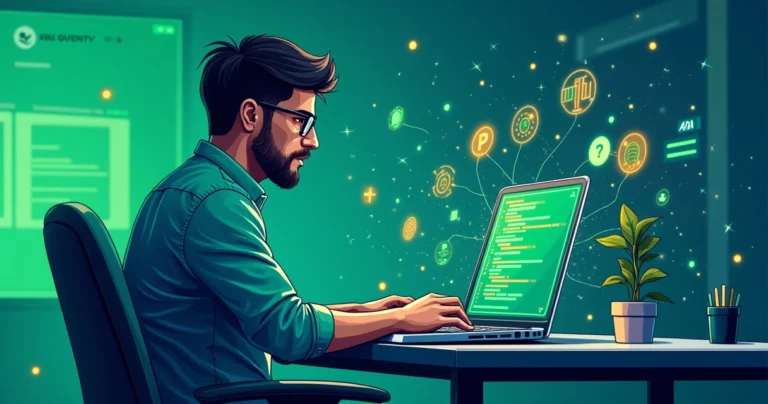 Java developer coding zero-shot AI tasks on a laptop with code and AI icons on screen