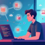 Flat illustration of Java developer managing data storage with RAG algorithms and AI models