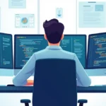 Flat illustration of a developer working with Java and Hidden Markov Models diagrams on multiple screens