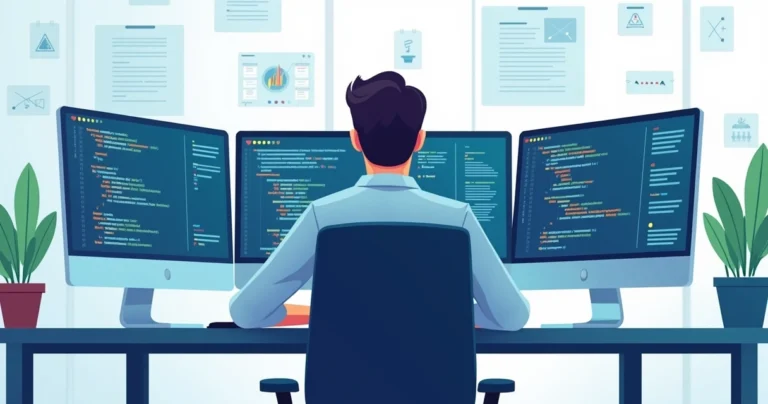 Flat illustration of a developer working with Java and Hidden Markov Models diagrams on multiple screens