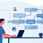 Flat illustration of a developer managing conversational memory with Java pipeline and virtual assistant icons