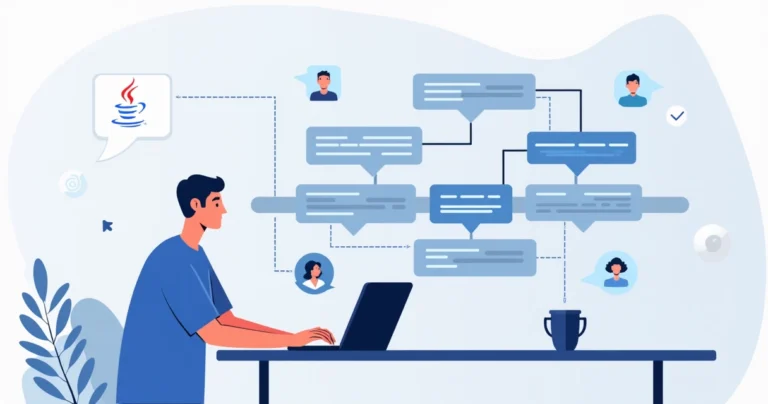 Flat illustration of a developer managing conversational memory with Java pipeline and virtual assistant icons